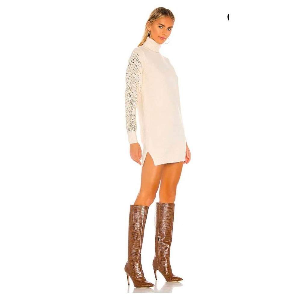 NWT Superdown Size Small Rudie Sparkle Sleeve Cream Turtleneck Sequin Dress Slit
